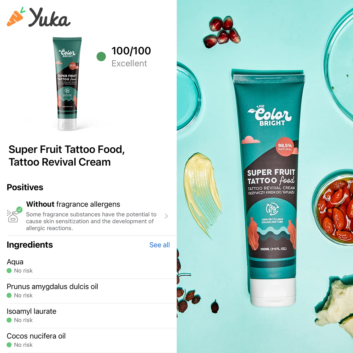 Excellent 100/100 score for our vegan tattoo revival cream in Yuka app